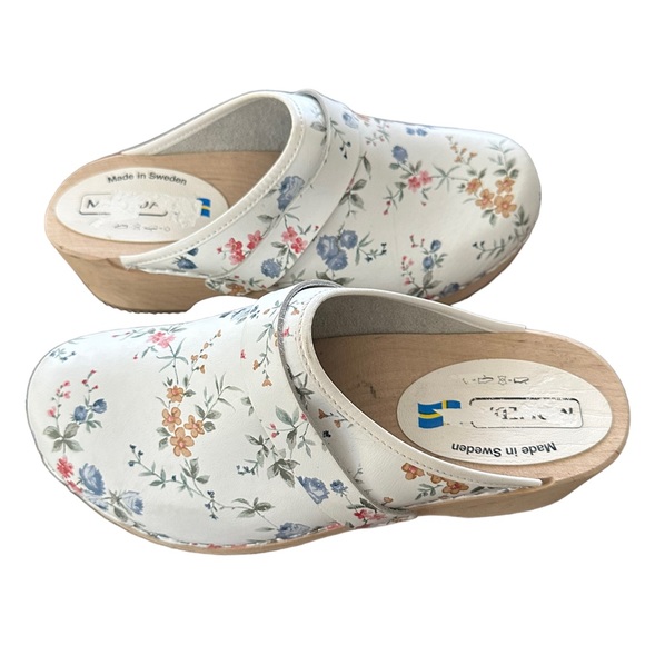 Moheda Swedish Sweden Linnea White Floral Leather Clogs Mules Womens New 40 - Picture 6 of 14